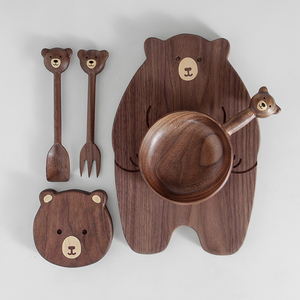 可爱小熊摆盘黑胡桃木手工创意装饰盘木作小勺子叉子小熊碗砧板