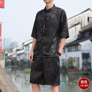 中国风龙袍唐装套装男夏季薄款冰丝短袖衬衫新中式提花汉服两件套