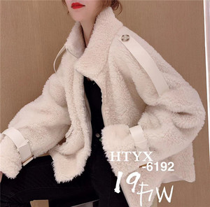 韩版2019冬季新款HTYX正品皮毛一体颗粒绒外套短款宽松百搭女潮