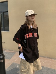 日系街头美式复古棒球服短袖男女宽松嘻哈开衫衬衫上衣ins潮外套