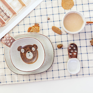 小棕熊日式卡通手绘陶瓷餐具套装手工粗陶杯盘儿童可爱早餐碗创意