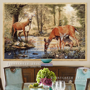 蒙古纯羊毛客厅卧室书房欧式美式北欧风景丛林麋鹿长方形挂毯壁毯