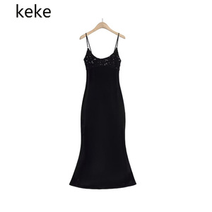 keke欧美女装 春季新款法式性感重工亮片拼接丝绒礼服吊带连衣裙