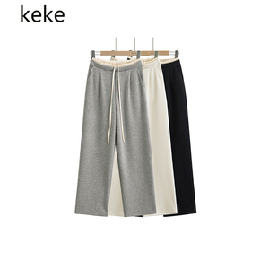 keke欧美女装 春季新款美式街拍双腰拼接松紧高腰休闲磨毛卫裤