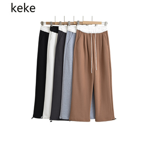 keke欧美女装 春季新款美式嘻哈拼色松紧高腰宽松直筒束脚卫裤