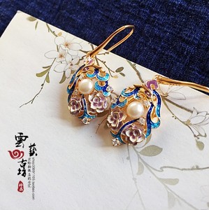故宫镀金珐琅珍珠中国风景泰蓝耳坠耳饰品耳钉