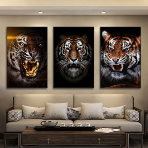 老虎装饰画狮子客厅办公室沙发背景墙挂画酒店镇宅动物黑白壁画