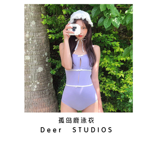 孤岛鹿韩国日系少女可爱紫色连体泳衣女保守小胸显瘦遮肚温泉泳装