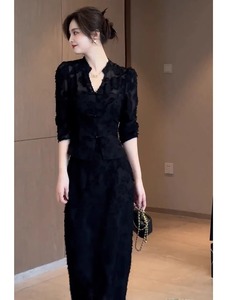 新中式套装裙女黑色荷叶边设计感连衣裙国风盘扣外套半身裙两件套