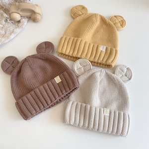 新生儿宝宝帽子贴布标手工针织耳朵护耳婴幼儿套头毛线帽冬季保暖