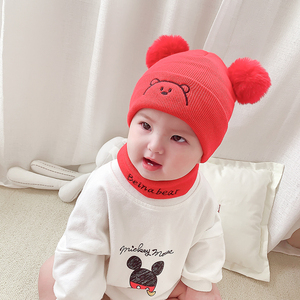 婴儿帽子秋冬韩版女宝宝小熊毛线帽围脖套装婴幼儿护耳针织两件套