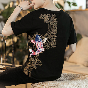 佛系t恤男夏季中国风鲤鱼印花刺绣图案短袖体恤花纹带有鱼的衣服