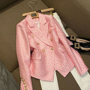 新款欧美明星时尚双排扣粉色几何图形提花修身西装外套