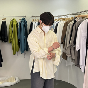 韩国男装代购直播BALLOW高档轻薄棉质设计师条纹侧开阔版长袖衬衫
