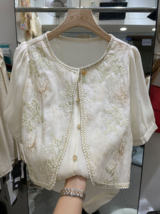 新中式国风重工刺绣假两件盘扣短袖衬衫女2024夏季新款洋气小衫潮