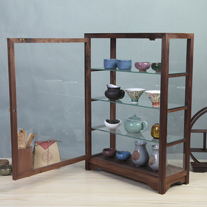 北美黑胡桃玻璃展示柜家用茶室日式简约多层带门实木博古架多宝阁