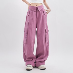 Michael Keble 美式高街紫色工装裤女春夏多口袋翻盖设计感阔腿裤