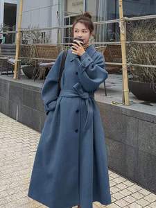 新款韩版冬季雾霾蓝色高端双面羊绒大衣女过膝中长款羊毛呢子外套