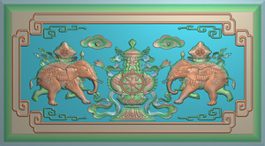 z1640 精雕图 藏式大象八宝王背板 灰度图浮雕图