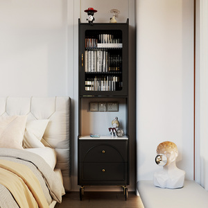 奶油风黑色床头柜法式轻法卧室小户型30cm40高款床边窄柜书柜一体