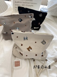 日本刺绣猫咪化妆包大容量棉麻洗漱包零钱收纳袋可爱便携手拿包
