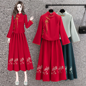 中国风复古唐装改良汉服女秋冬季红色旗袍上衣半身裙两件套茶艺服