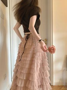 韩国高腰粉色纱裙高级感网纱蛋糕半身裙女夏秋新款荷叶边气质长裙