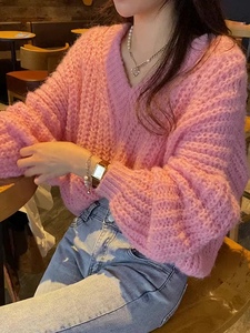 粉色宽松慵懒风奶fufu的毛衣外套2023年秋冬新款粗毛线针织衫女士