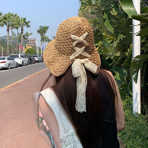 蕾丝蝴蝶结草帽女遮阳帽夏季可折叠大檐太阳帽海边度假沙滩防晒帽