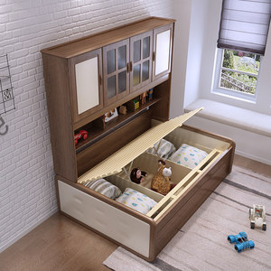 优升 北欧现代衣柜床一体实木儿童床储物多功能带拖床高箱子母床