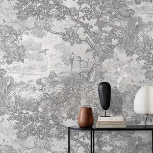 法式黑白森林壁纸2024新款卧室客厅背景墙布美式复古热带雨林墙纸