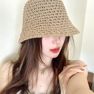 周给给韩版日系甜美小众编织水桶帽子女夏季镂空透气渔夫帽显脸小