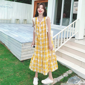 黄色格子无袖背心裙女夏季2024新款时尚法式宽松流苏设计感连衣裙