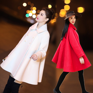 韩国斗篷外套女秋冬新款小个子中长款a版裙摆红色结婚羊毛呢大衣