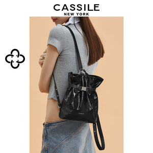 cassile卡思乐双肩包2024新款时尚黑色牛皮双肩背包小书包