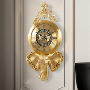 黄铜大象别墅挂钟欧式轻奢客厅钟表家用玄关壁挂美式艺术个性时钟