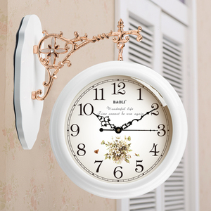 宝丽实木欧式简约双面挂钟美式田园静音客厅两面挂表创意时钟壁表