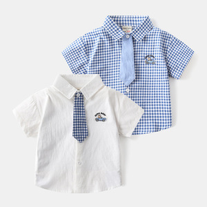 儿童短袖衬衫2024新款夏季韩版童装男童绅士领带中小童短衬衣夏装