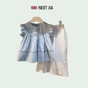 英国NEXT JIA韩版女童无袖娃娃衫夏季女宝宝田园风上衣裤子套装
