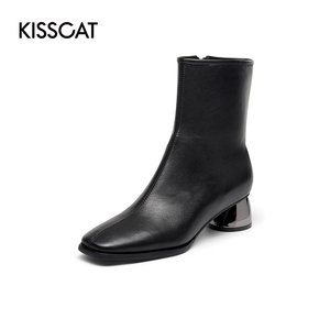 KISSCAT/接吻猫秋冬商场同款牛皮方头粗跟侧拉链短靴女KA10524-10