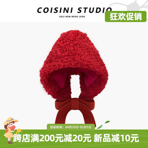 2024新款韩版可爱羊羔绒绑带红色包头帽子女秋冬季保暖百搭护耳帽