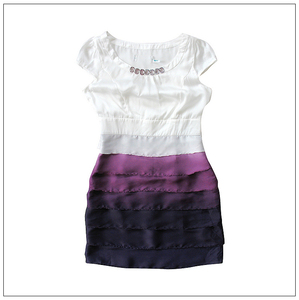 韩版短袖连衣裙渐变色紫色灰蓝色短裙泡泡袖宝石圆领层叠荷叶边裙