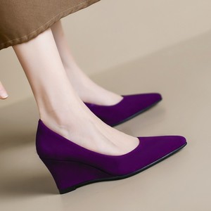 坡跟单鞋女真皮小香风坡跟鞋2024新款女鞋法式高跟鞋紫色羊皮鞋子