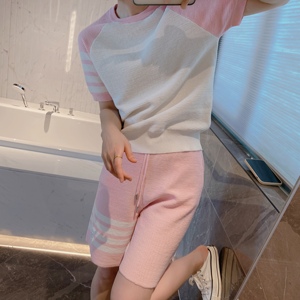 淡粉色TB短裤套装针织横条纹女春夏圆领短袖五分运动短裤两件套潮