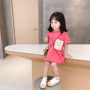 纯棉女童短袖T恤2023韩版夏装新款女宝宝洋派上衣儿童中长版T恤裙