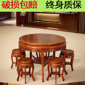 中式实木圆桌餐桌小户型家用吃饭桌圆形老榆木仿古酒店餐桌椅组合