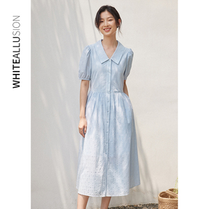蓝色连衣裙女夏季新款通勤高级感气质显瘦a字长裙泡泡袖衬衫裙子