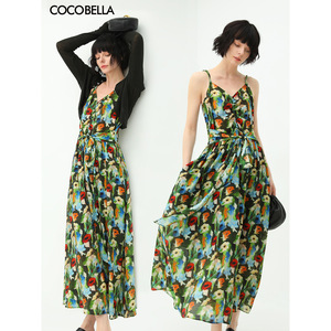 预售COCOBELLA油画风印花抽褶吊带连衣裙飘逸气质沙滩长裙FR565