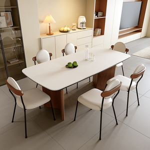 简约现代长方形实木岩板餐桌椅组合大小户型设计师中古风家用餐子