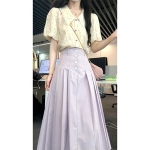 夏装搭配一整套女2024新款韩系POLO领衬衫紫色a字半身裙两件套装